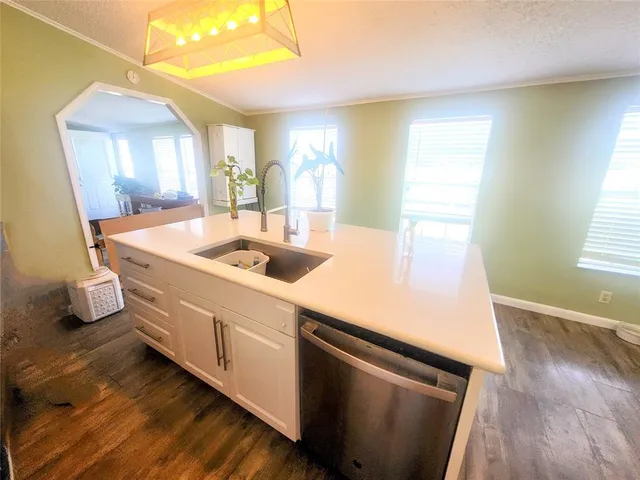 a kitchen with a sink appliances and a counter top space