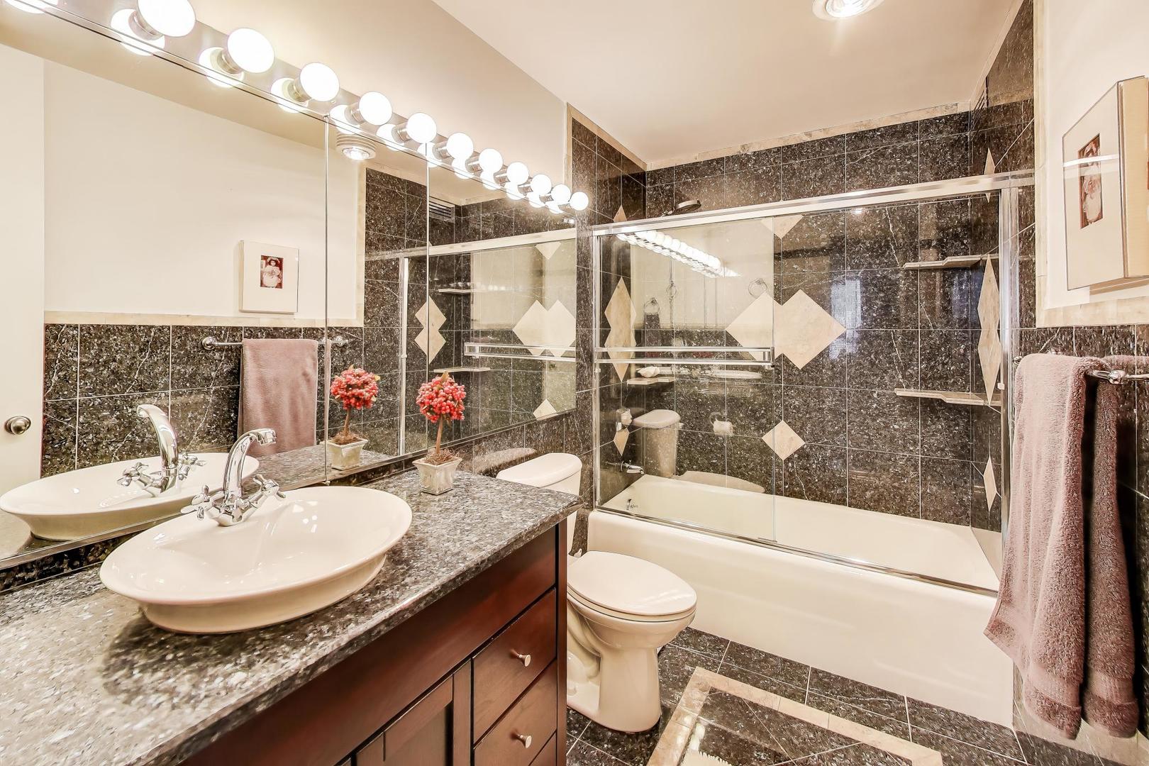 360 East Randolph Street, Unit 1007 Chicago, IL 60601 - Photo 13 of 28 a bathroom with a granite countertop sink toilet and shower