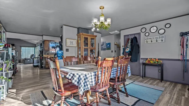 a view of a dining room with furniture