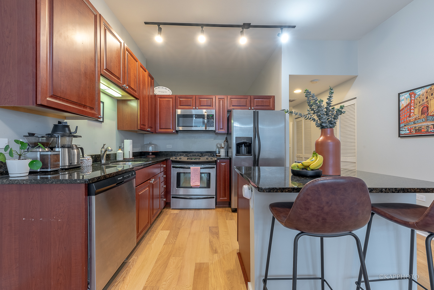 901 West Madison Street, Unit 512 Chicago, IL 60607 - Photo 17 of 36 a kitchen with stainless steel appliances granite countertop a refrigerator a sink dishwasher a stove and a dining table with wooden floor