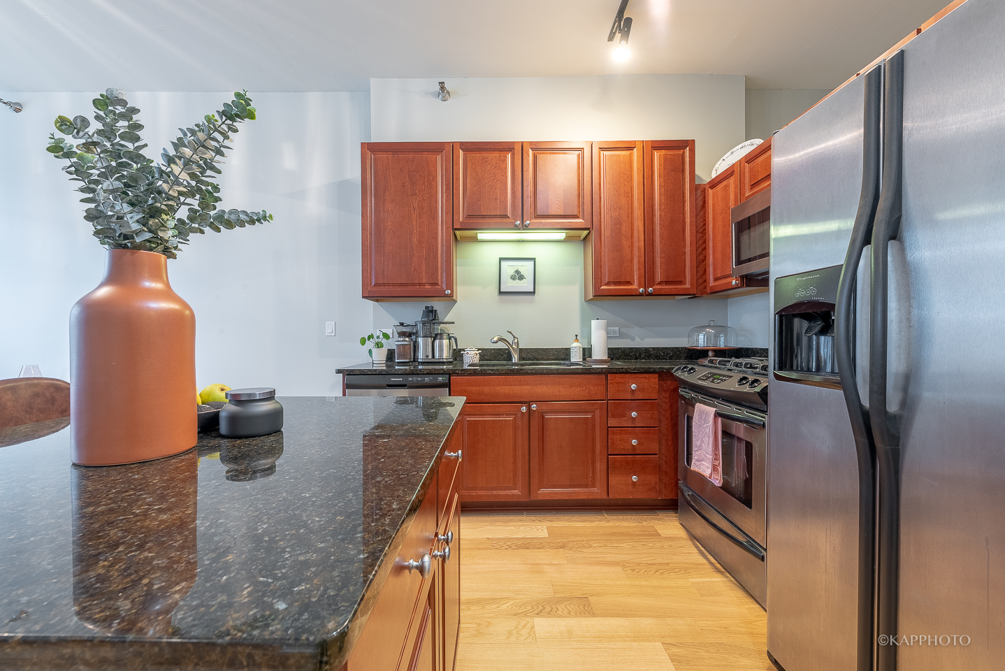 901 West Madison Street, Unit 512 Chicago, IL 60607 - Photo 18 of 36 a kitchen with stainless steel appliances granite countertop a sink a stove and a refrigerator
