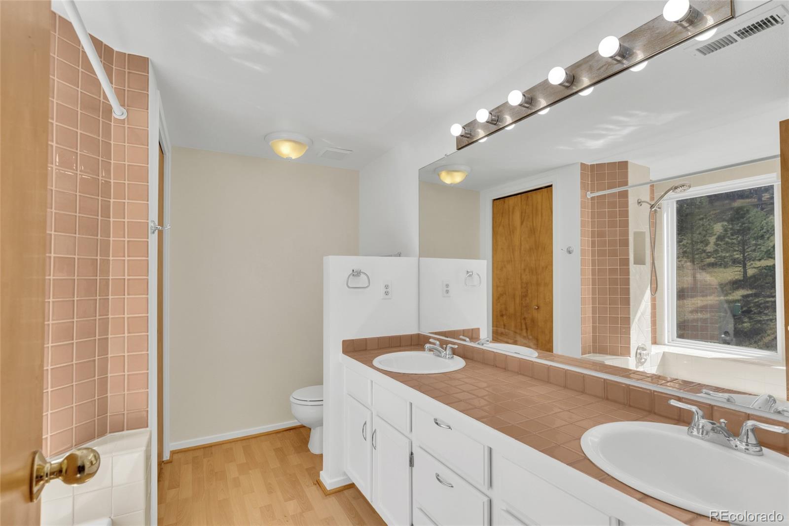 23537 Genesee Village Road Golden, CO 80401 - Photo 16 of 37 a bathroom with a granite countertop sink a toilet a mirror and shower