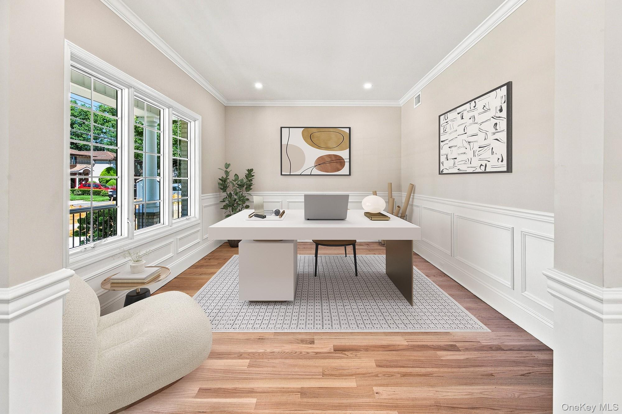 148 Latham Road Mineola, NY 11501 - Photo 4 of 27 Flexible space: office, study, den, playroom. Wood-finish flooring, white paneled wainscoting, crown molding, recessed lighting, and multiple windows bringing wonderful natural lighting.VIRTUAL STAGING.