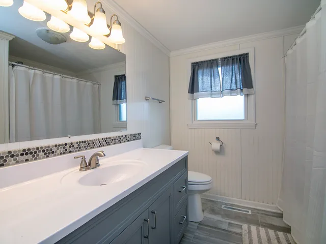 a bathroom with a sink a toilet and a mirror