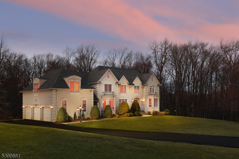 a front view of a house with a yard and trees