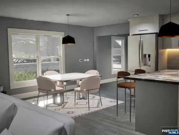 a dining room with furniture a chandelier and wooden floor