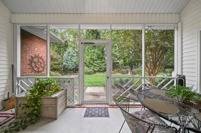 a garden view with a seating space