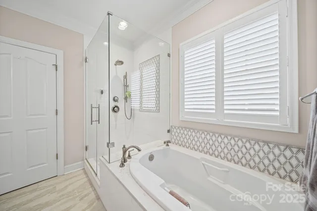 a bathroom with a bathtub and a shower