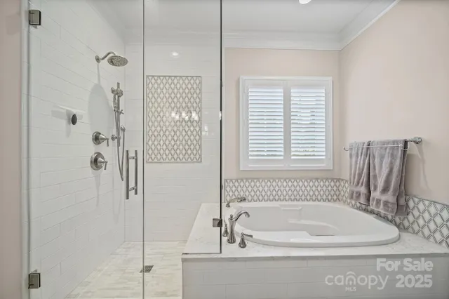 a bathroom with a bathtub and a shower