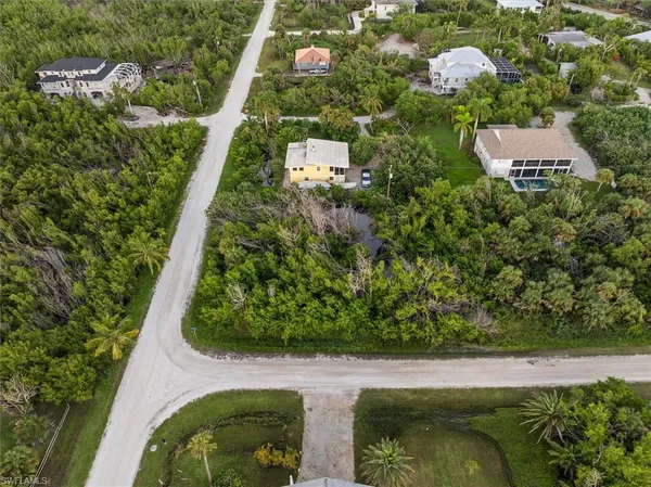 an aerial view of residential houses with outdoor space and trees