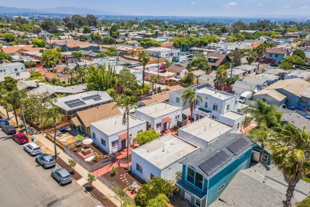 an aerial view of a city with balcony