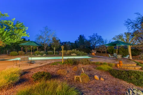 a view of a backyard with plants and a patio