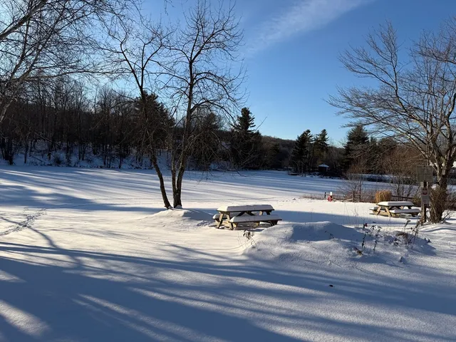 a view of pool with seating area and trees