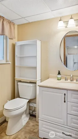 a bathroom with a toilet a sink and mirror