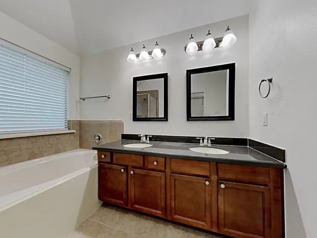 a bathroom with a tub sink and mirror