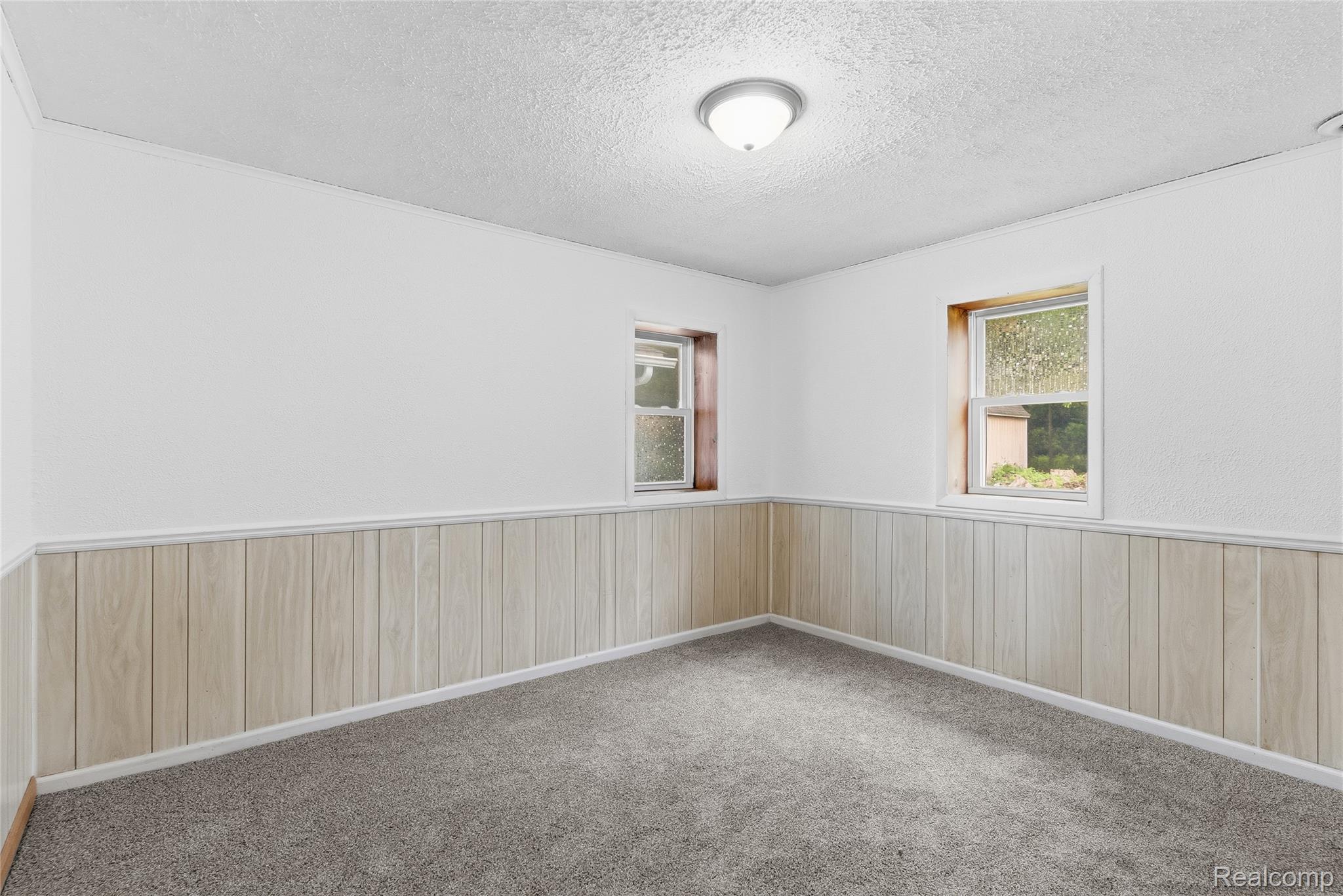 1843 Curtis Road Birch Run, MI 48415 - Photo 15 of 25 Room featuring two windows, neutral carpet flooring, and light wood-paneled wainscoting