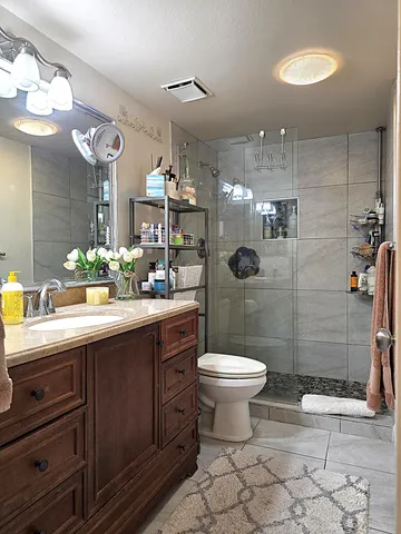 a bathroom with a sink a toilet a mirror and shower