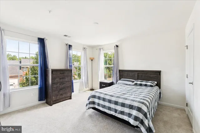 a bedroom with a large bed and two windows