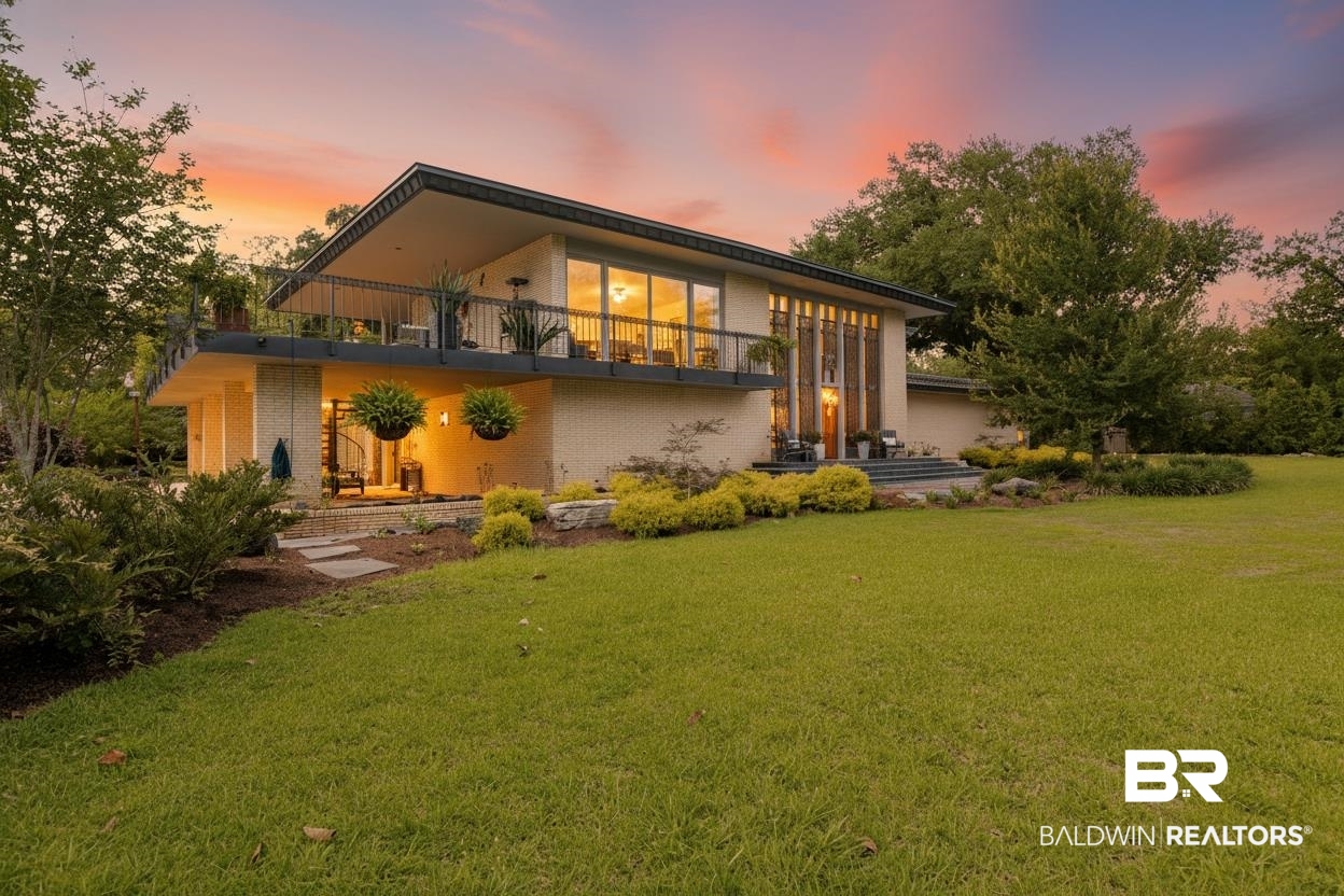 809 Bernard Circle Mobile, AL 36693 - Photo 2 of 75 Mid-century modern residence featuring a spacious lawn, extensive landscaping, a second-story balcony with railing, large windows, and a prominent front entry