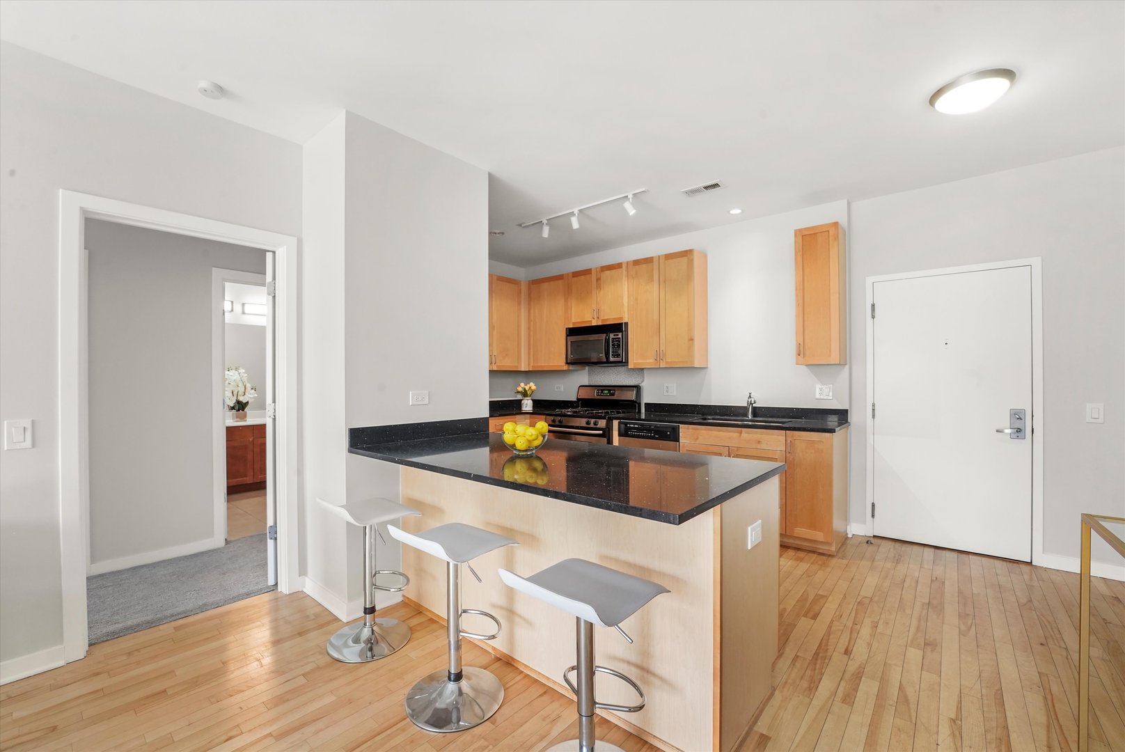1075 West Roosevelt Road, Unit 206 Chicago, IL 60608 - Photo 3 of 17 a kitchen with granite countertop a sink cabinets and wooden floor