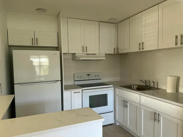 a kitchen with a refrigerator sink and cabinets