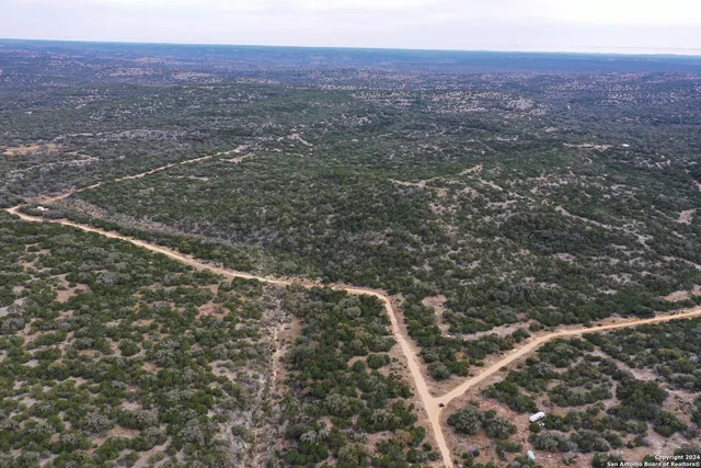 an aerial view of a forest with houses