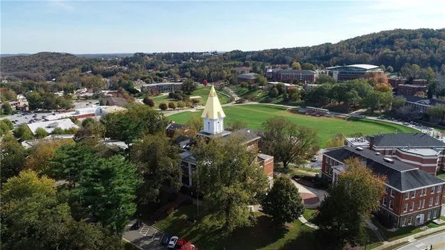 an aerial view of a house with a garden and trees