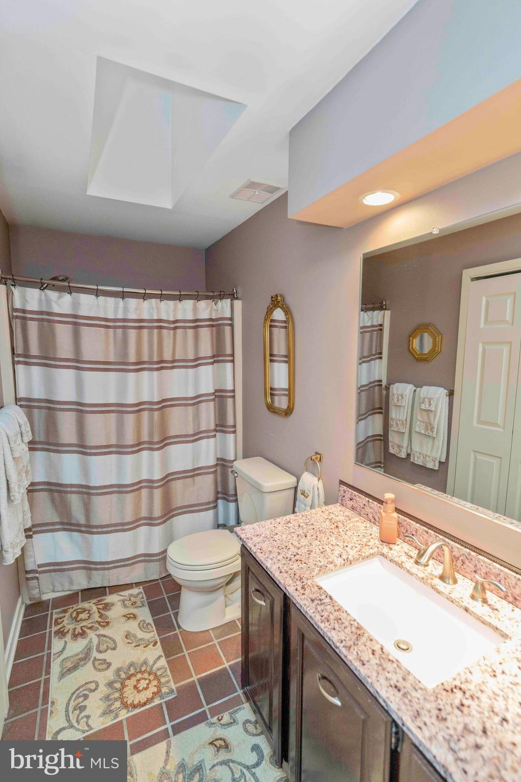 3097 Mill Road Doylestown, PA 18902 - Photo 48 of 115 a bathroom with a granite countertop sink a toilet a mirror and shower