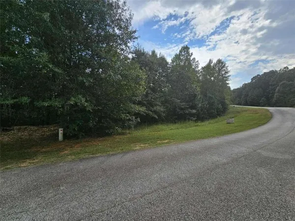 a view of a field with trees in background