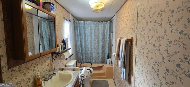 a bathroom with a sink and a mirror