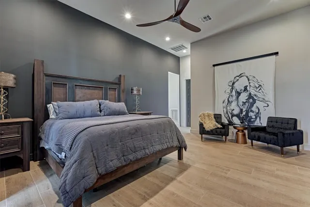 a spacious bedroom with a bed and furniture