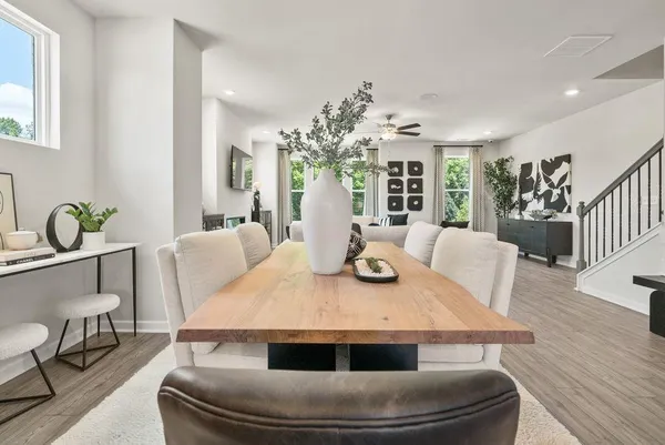 a view of a dining room with furniture