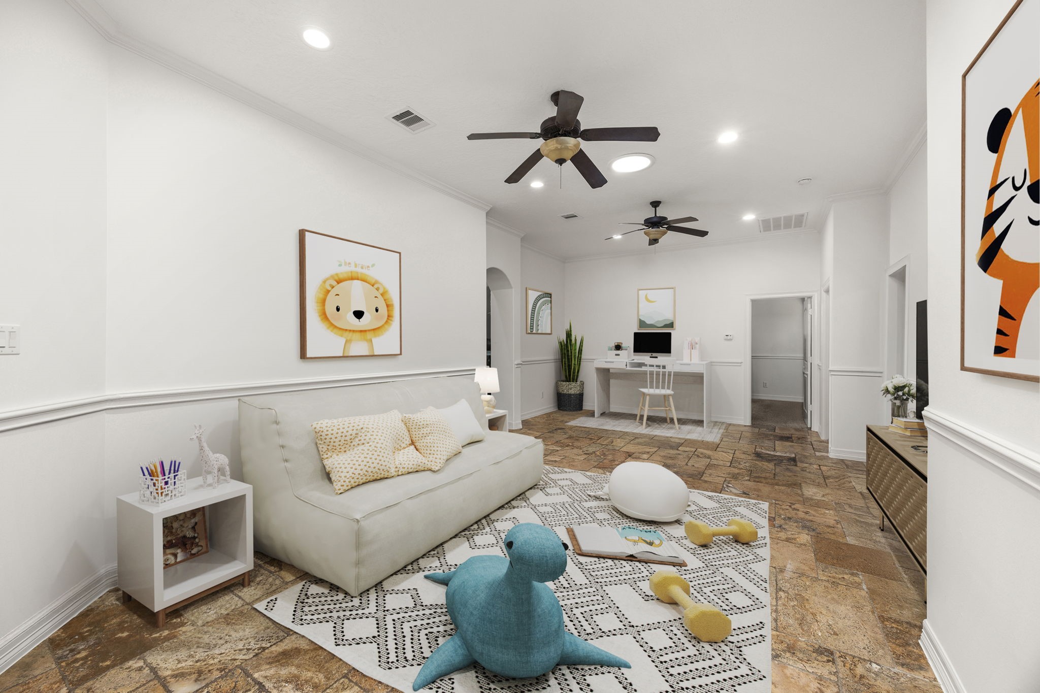 4611 Oasis Point Katy, TX 77493 - Photo 21 of 41 The secondary wing of the home is anchored by this expansive living area, shown here as dual-purpose entertainment and study space. Like all of the rooms in this home, you will find that you have space for multiple furniture arrangement that allow options for use based on your personal needs. Whether you envision a second living room, workout studio, or even a homeschool classroom, this room is ready for it! Surrounding this hub you will find 4 of the home's 5 generously sized secondary bedrooms.