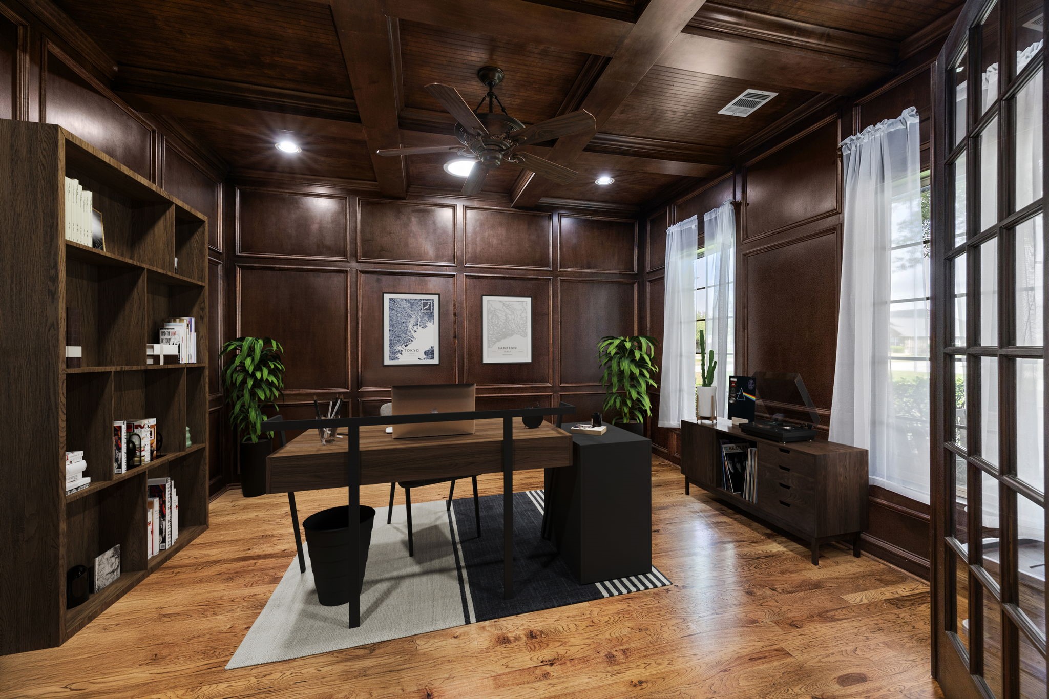 4611 Oasis Point Katy, TX 77493 - Photo 6 of 41 The dedicated home office boasts rich wood paneled walls and beams overhead, giving this space an elevated appeal. Views of the front porch and landscaping, French doors for privacy when working from home.