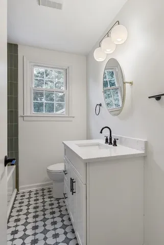 a bathroom with a sink a mirror and toilet