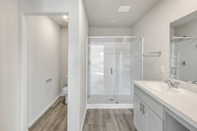 a bathroom with a shower sink and mirror