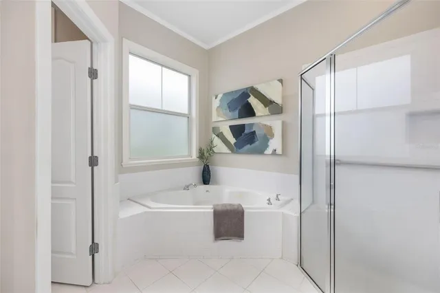 a bathroom with a bathtub and a window