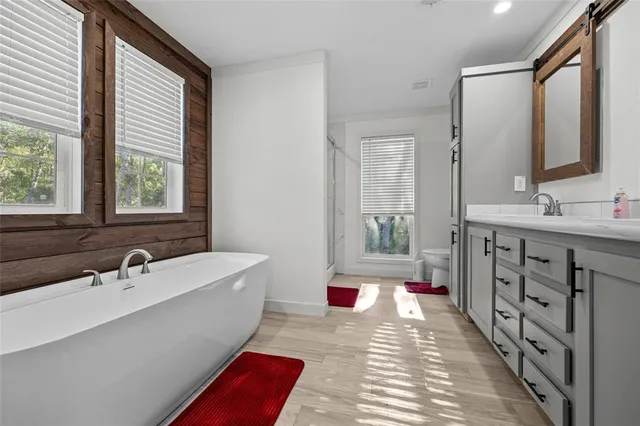 a bathroom with a double vanity sink a mirror and a bathtub