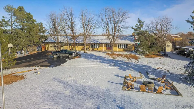 a view of a town with large trees