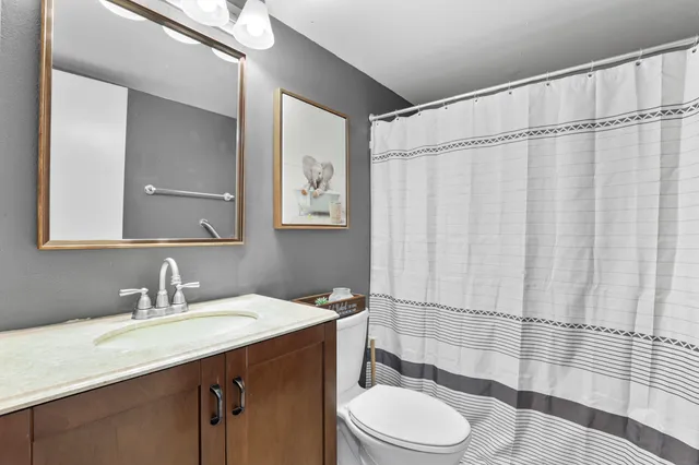 an aerial view of residential houses with outdoor space and trees