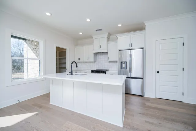 a kitchen with refrigerator a sink and cabinets