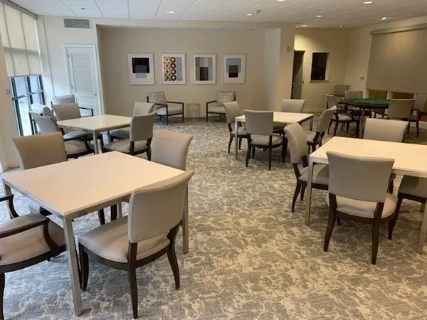 a view of a dining room with furniture