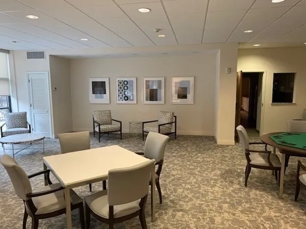 a view of a dining room with furniture