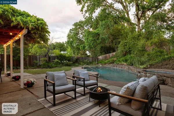 a view of a yard with plants and large trees