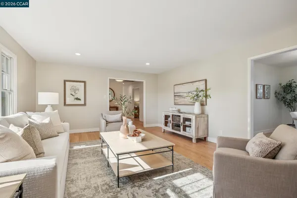 a view of a dining room with furniture window and outside view