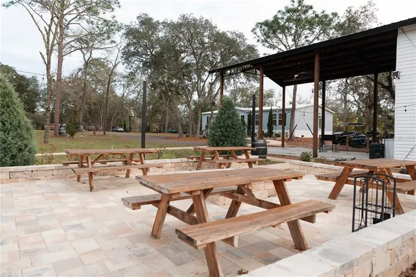 a view of a bench sitting in the backyard