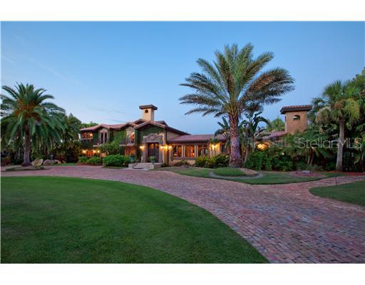 a view of a house with a big yard plants and palm trees