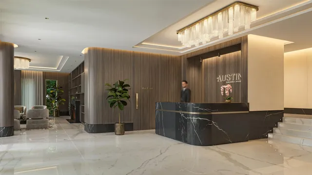 a view of a hallway with seating area