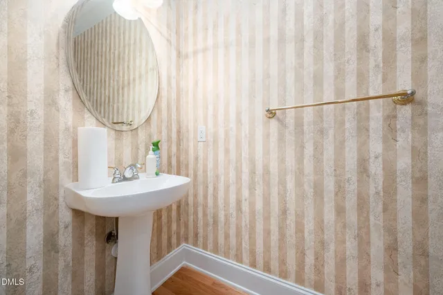 a bathroom with a sink a mirror and a shower curtain