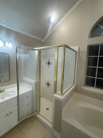a bathroom with a shower and a sink
